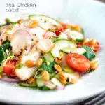 Crunchy & spicy Thai chicken salad with peanuts featuring a title overlay.