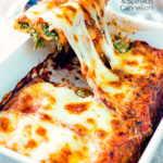 Goats cheese cannelloni with spinach being served showing stringy cheese featuring a title overlay.