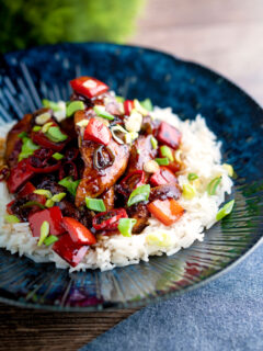 Honey chilli chicken made with chicken tenders, red peppers and spring onions.