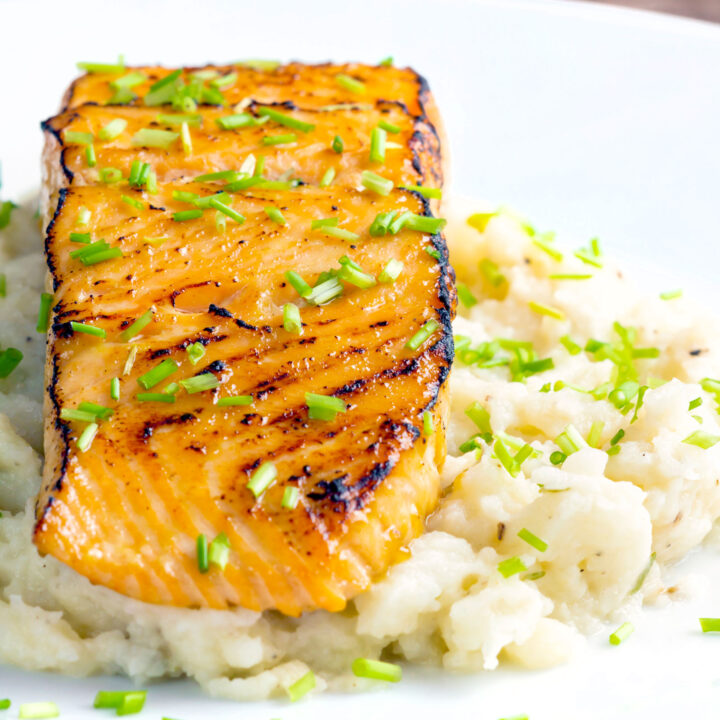 Pan fried honey mustard salmon served on celeriac mash with snipped chives.