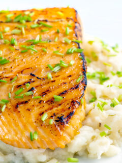 Honey mustard salmon fillet served on celeriac mash with snipped chives.