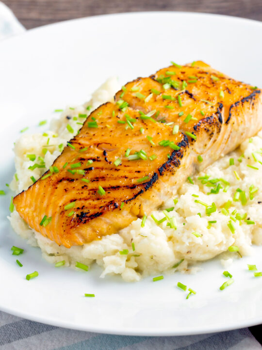 Pan fried honey mustard salmon served on celeriac mash.