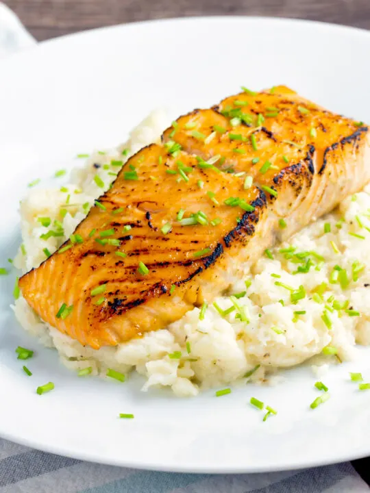 Pan fried honey mustard salmon served on celeriac mash.