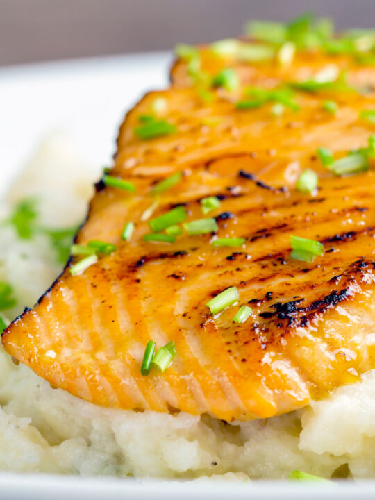 Close up pan fried honey mustard salmon served on celeriac mash.