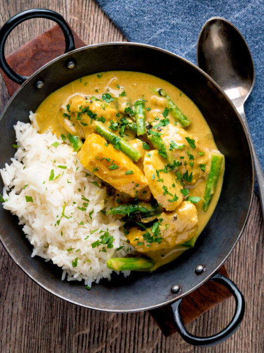 Keralan fish curry with coconut milk featuring green beans and potato.