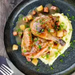 Braised pheasant casserole with a cider gravy, bacon & apples served with mashed potatoes.