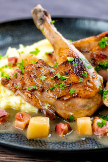 Pheasant casserole with a cider gravy, bacon & apples served with mashed potatoes.