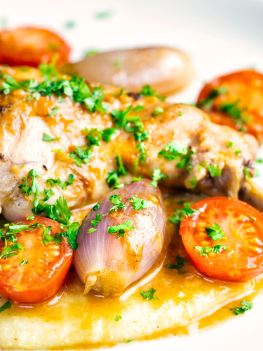 Close up of the vegetables in a rabbit cacciatore served on polenta.