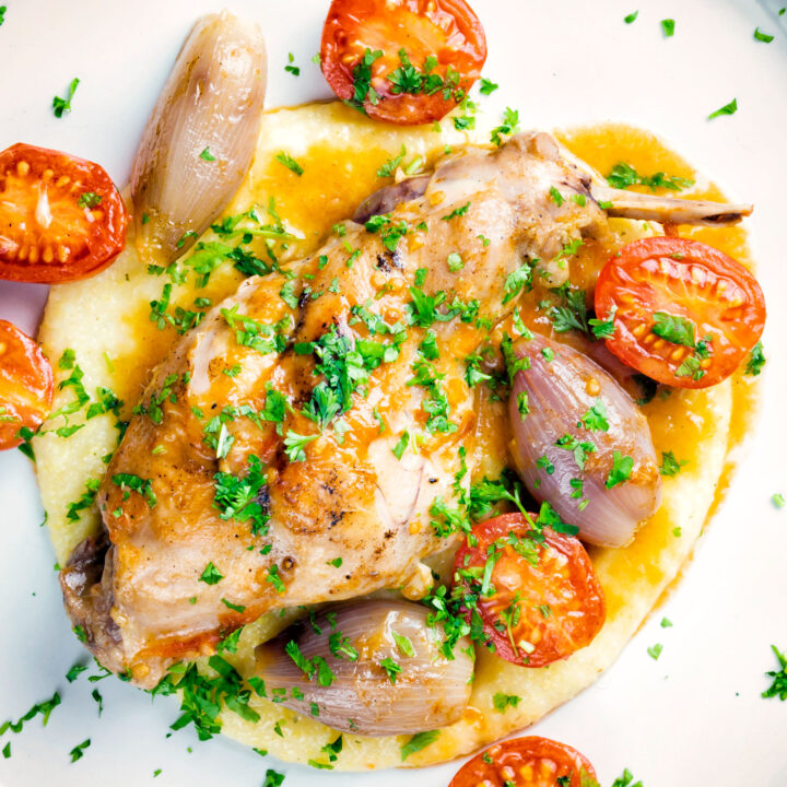 Rabbit Cacciatore or Coniglio alla Cacciatora with shallot, cherry tomatoes and polenta porridge.