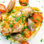 Rabbit Cacciatore or Coniglio alla Cacciatora with shallot and cherry tomatoes featuring a title overlay.