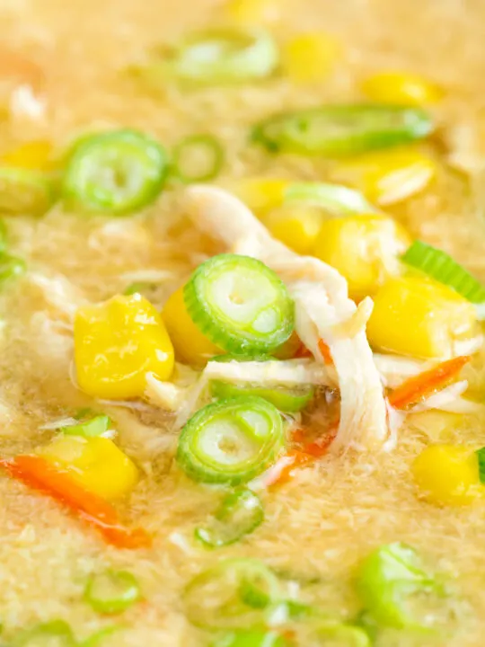 Close up Chinese style chicken and sweetcorn soup with spring onion.