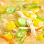 Close up Chinese style chicken and sweetcorn soup with spring onion featuring a title overlay.