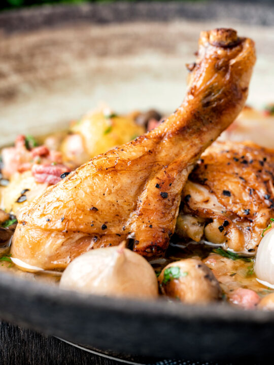 Close up coq au vin blanc with baby potatoes bacon and baby potatoes served in a rustic bowl.