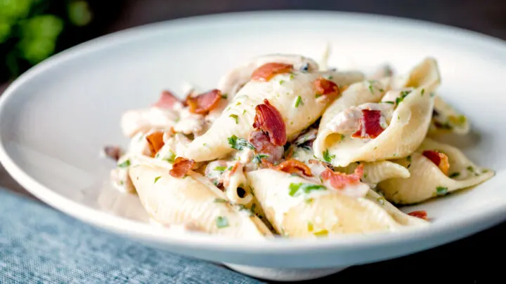 Creamy chicken and bacon pasta with crispy bacon bits.