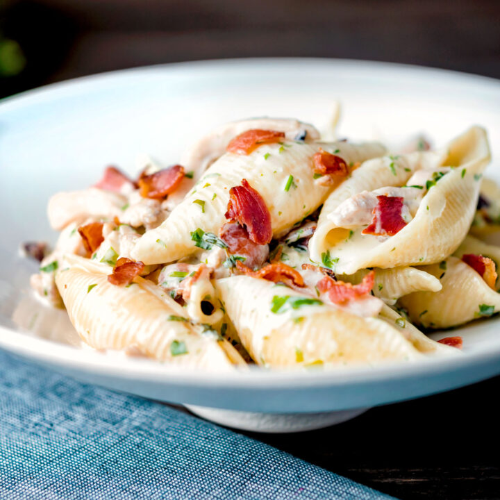 Creamy chicken and bacon pasta with crispy bacon bits.