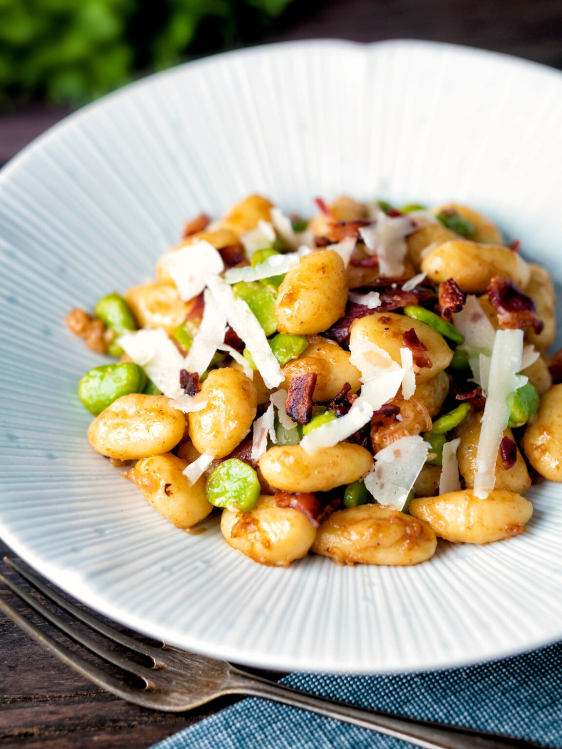 Pan Fried Gnocchi with Bacon and Broad Beans Krumpli