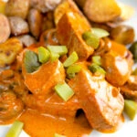 Close up pork tenderloin stroganoff with mushrooms and fried potatoes.