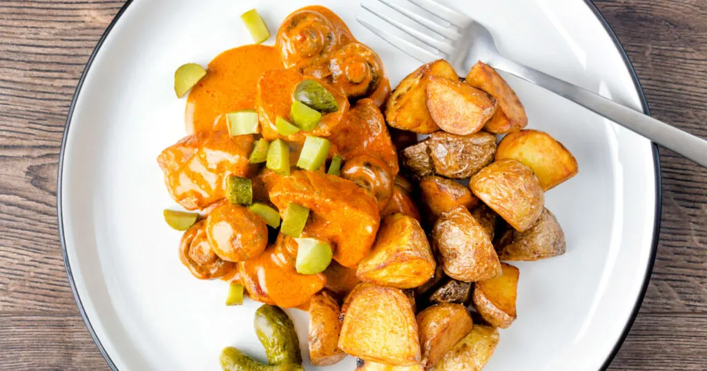 Pork stroganoff with mushrooms, fried potatoes and pickles.