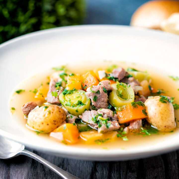 Welsh cawl, lamb and vegetable broth based soup with potatoes, leek, carrot and swede.