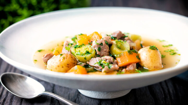 Welsh cawl, lamb and vegetable broth based soup with potatoes, leek, carrot and swede.