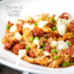 Chicken and chorizo risotto with green peas and Manchego cheese featuring a title overlay.