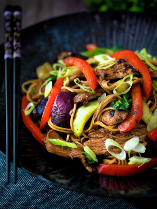 Hoisin pork stir fry with red peppers, onions and pak choi.