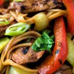 Close up hoisin pork stir fry with red peppers, onions and pak choi featuring a title overlay.