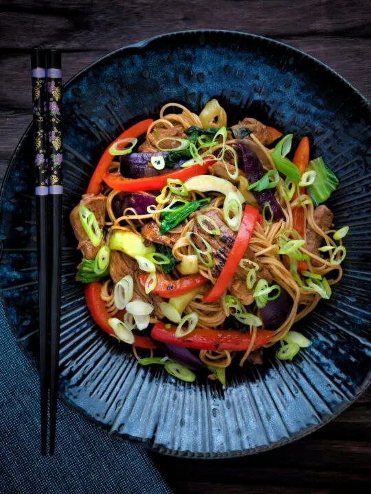 Overhead hoisin pork noodle stir fry with red peppers, onions and pak choi.
