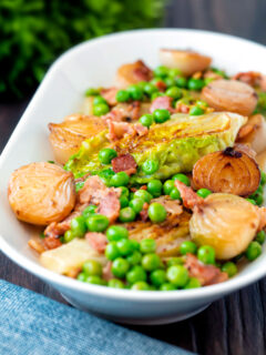 Petit pois a la Francaise or French braised peas and lettuce with bacon and onions.