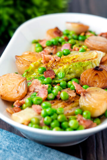 Petit pois a la Francaise or French braised peas and lettuce with bacon and onions.