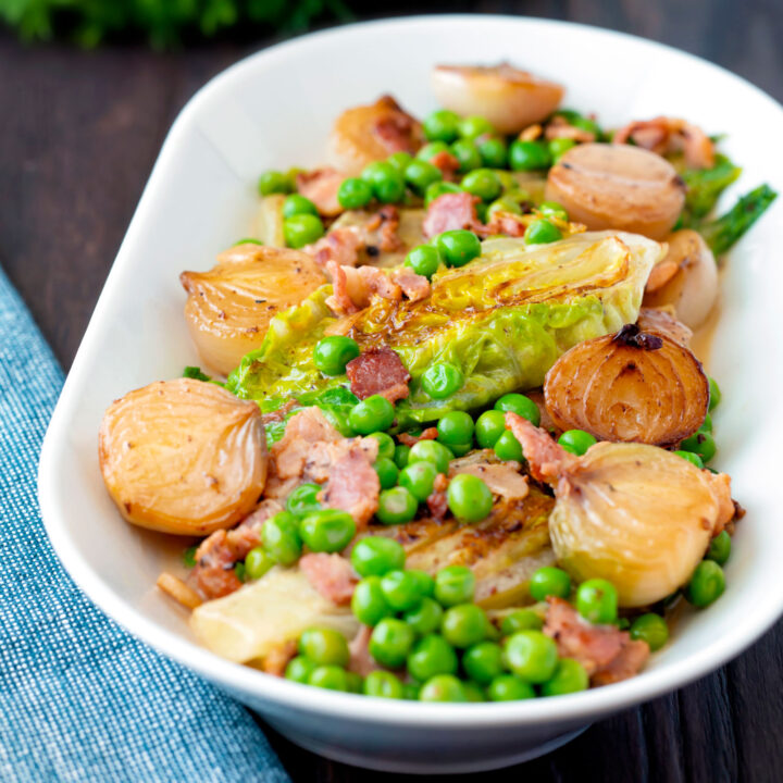 Petit pois a la Francaise or French braised peas and lettuce with bacon.