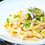 Chicken and leek pasta with linguini in a mustard and creme fraiche sauce.