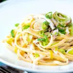 Chicken and leek pasta with linguini in a mustard and creme fraiche sauce.