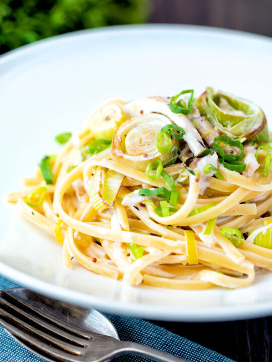 Chicken and leek pasta with linguini in a mustard and creme fraiche sauce.