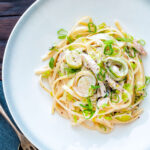 Overhead chicken and leek pasta with linguini in a mustard and creme fraiche sauce.