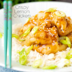 Chinese crispy lemon chicken served with rice featuring a title overlay.