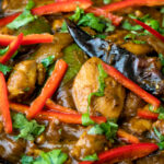 Close up garlic chilli chicken Indian style curry served with fresh chilli and coriander.