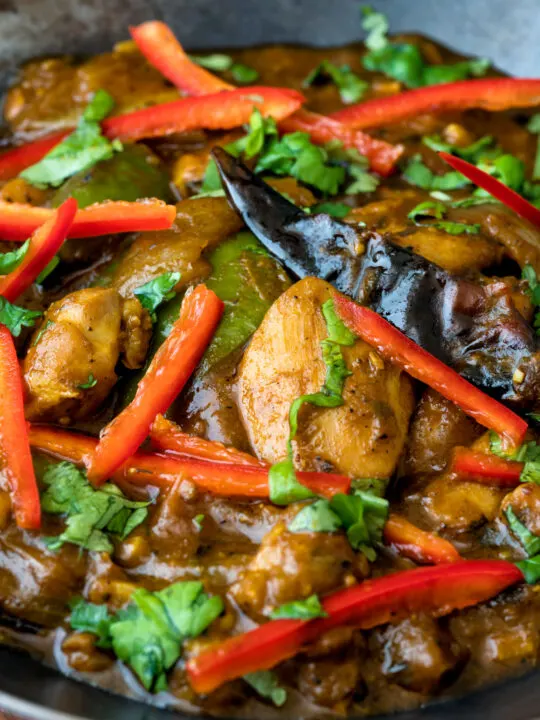 Close up garlic chilli chicken Indian style curry served with fresh chilli and coriander.