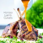 Harissa lamb chops served on herby buttered couscous with a spicy sauce featuring a title overlay.