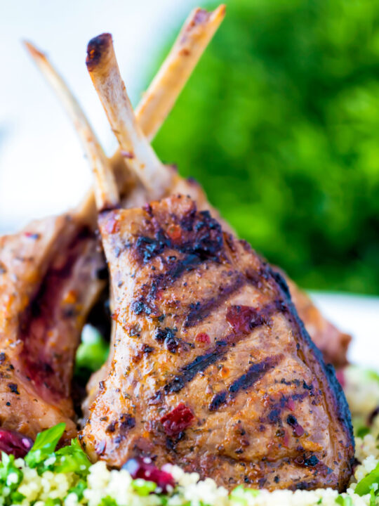 Close up harissa lamb cutlets served on a bed of herby buttered couscous.