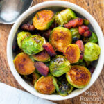 Overhead roast miso Brussel sprouts with bacon featuring a title overlay.