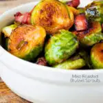 Close up roast miso Brussel sprouts with bacon featuring a title overlay.