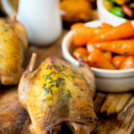 Whole roast partridges served with vegetables featuring a title overlay.