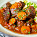 Moshari kokkinisto a Greek beef and tomato stew served with celeriac mash.