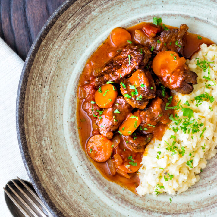 Kokkinisto a Greek beef and tomato stew served with celeriac mash.