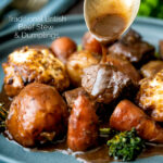 Gravy being poured over a British beef stew with dumplings featuring a title overlay.