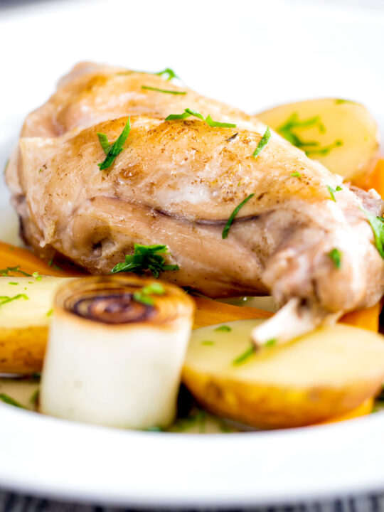 Close up braised rabbit legs served with leek rings and potatoes.