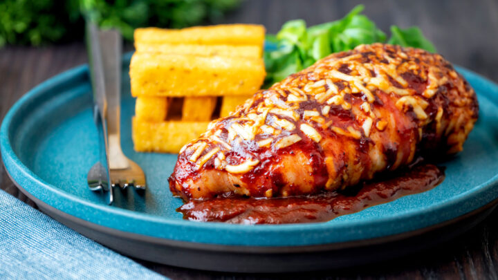British pub favourite hunters chicken with BBQ sauce, cheddar cheese and bacon with polenta chips.