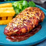 British pub favourite hunters chicken with BBQ sauce, cheddar cheese and bacon.
