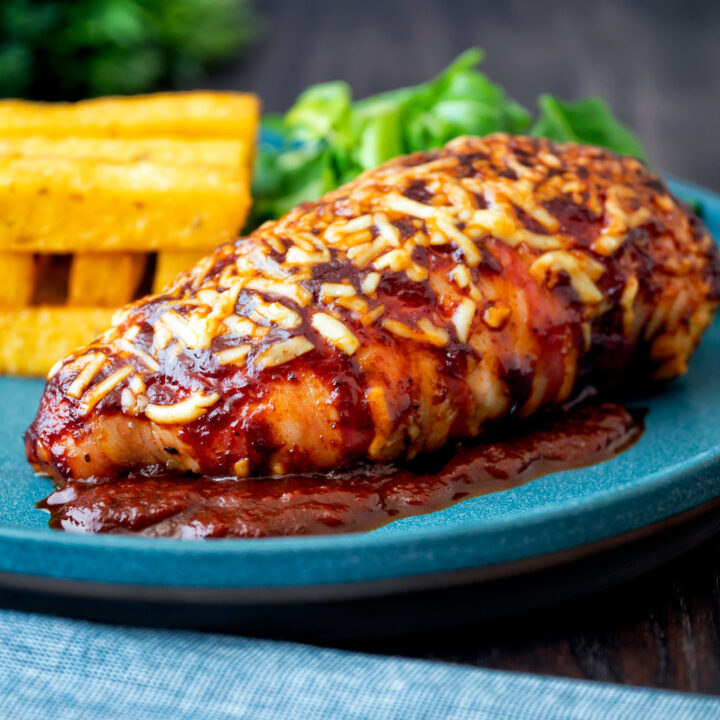 British pub favourite hunters chicken with BBQ sauce, cheddar cheese and bacon with polenta chips.